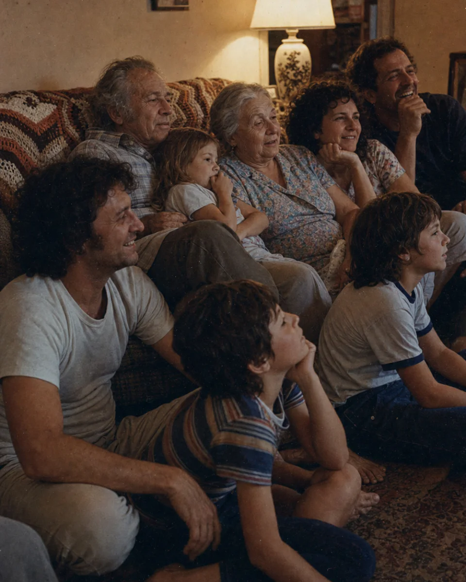 A family gathered close, watching their finished film together