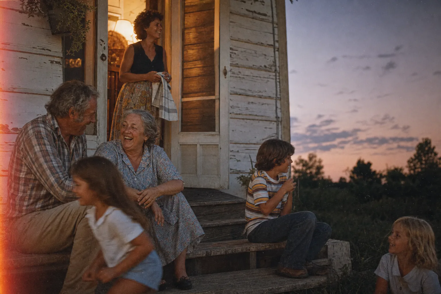 A family together on a porch in the last warm light of the day