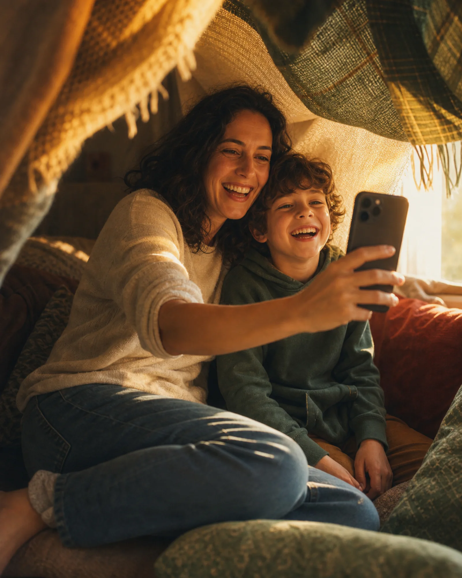 A family recording a heartfelt video message together on a phone