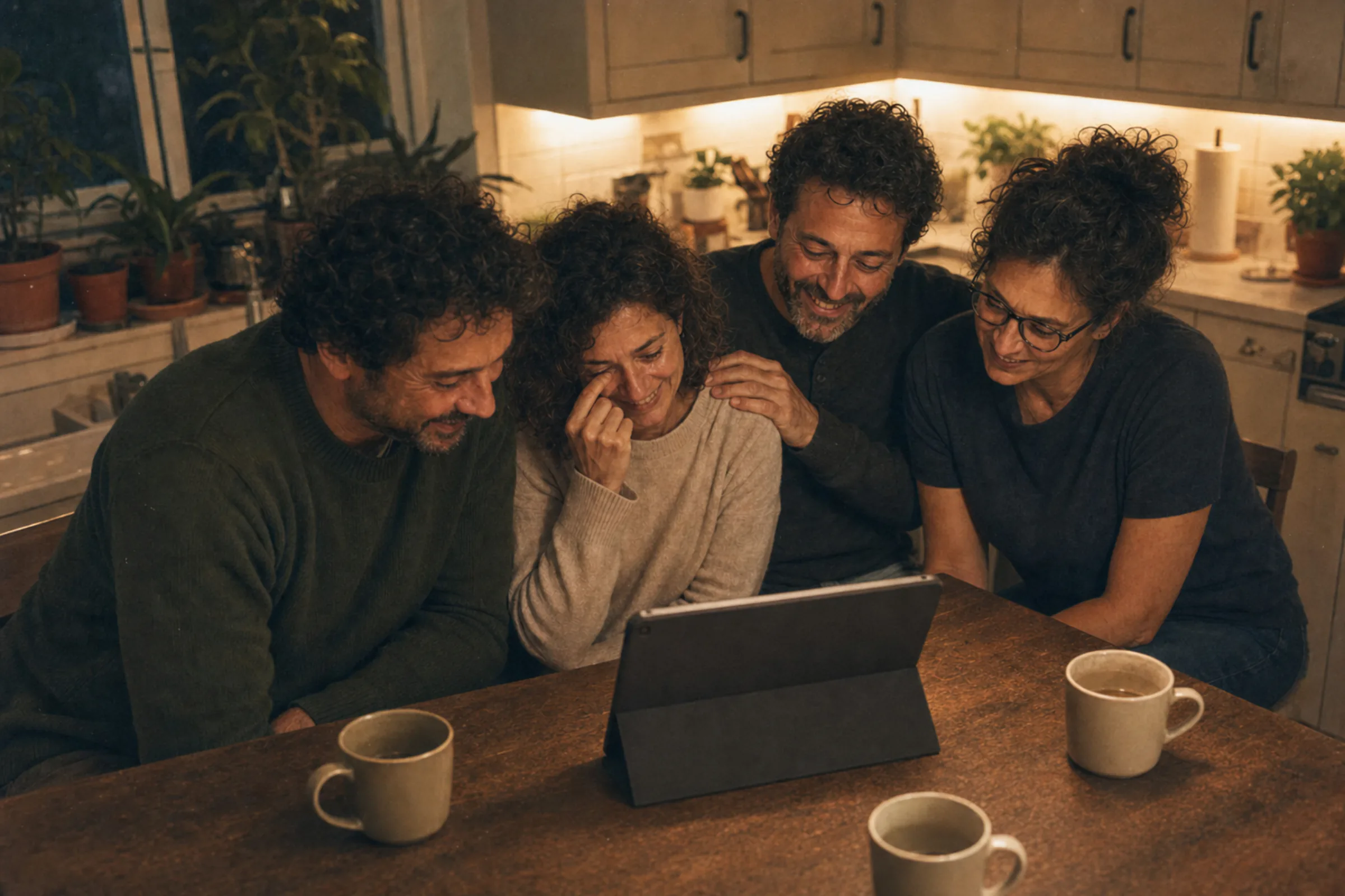A family gathered close around a screen, moved as they watch their finished film