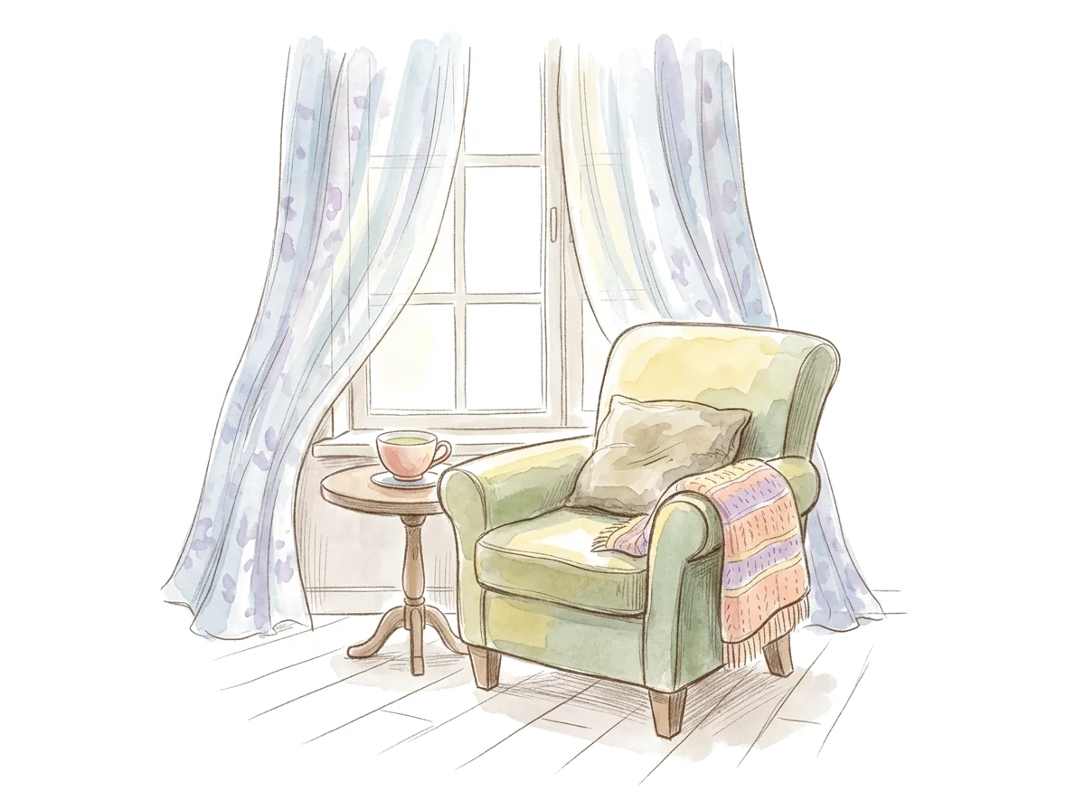 A comfortable armchair by a bright window.
