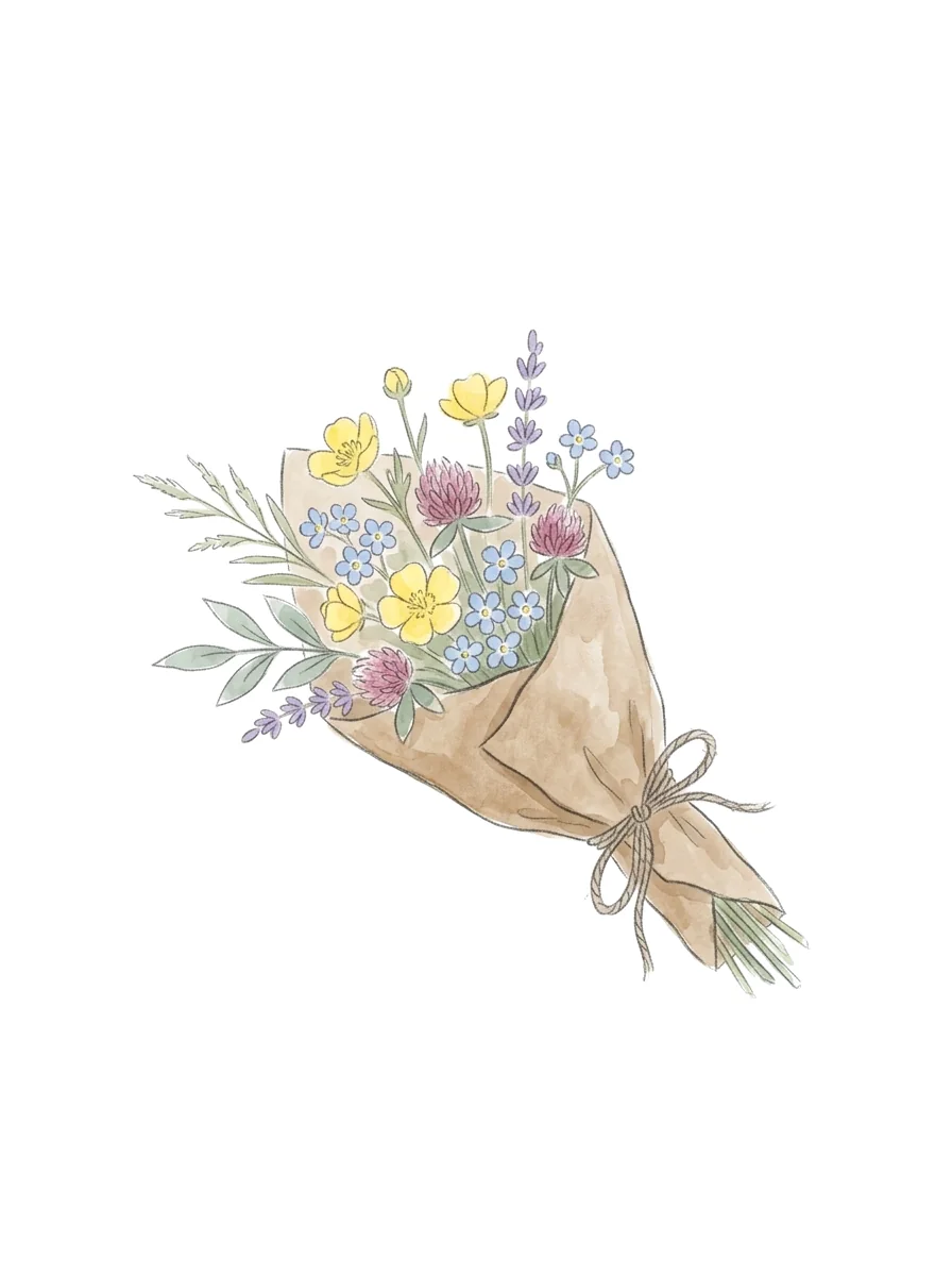 A bouquet of wildflowers wrapped in paper and tied with string.