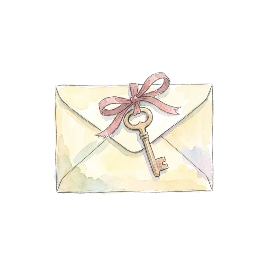 An envelope with a small brass key resting on top.