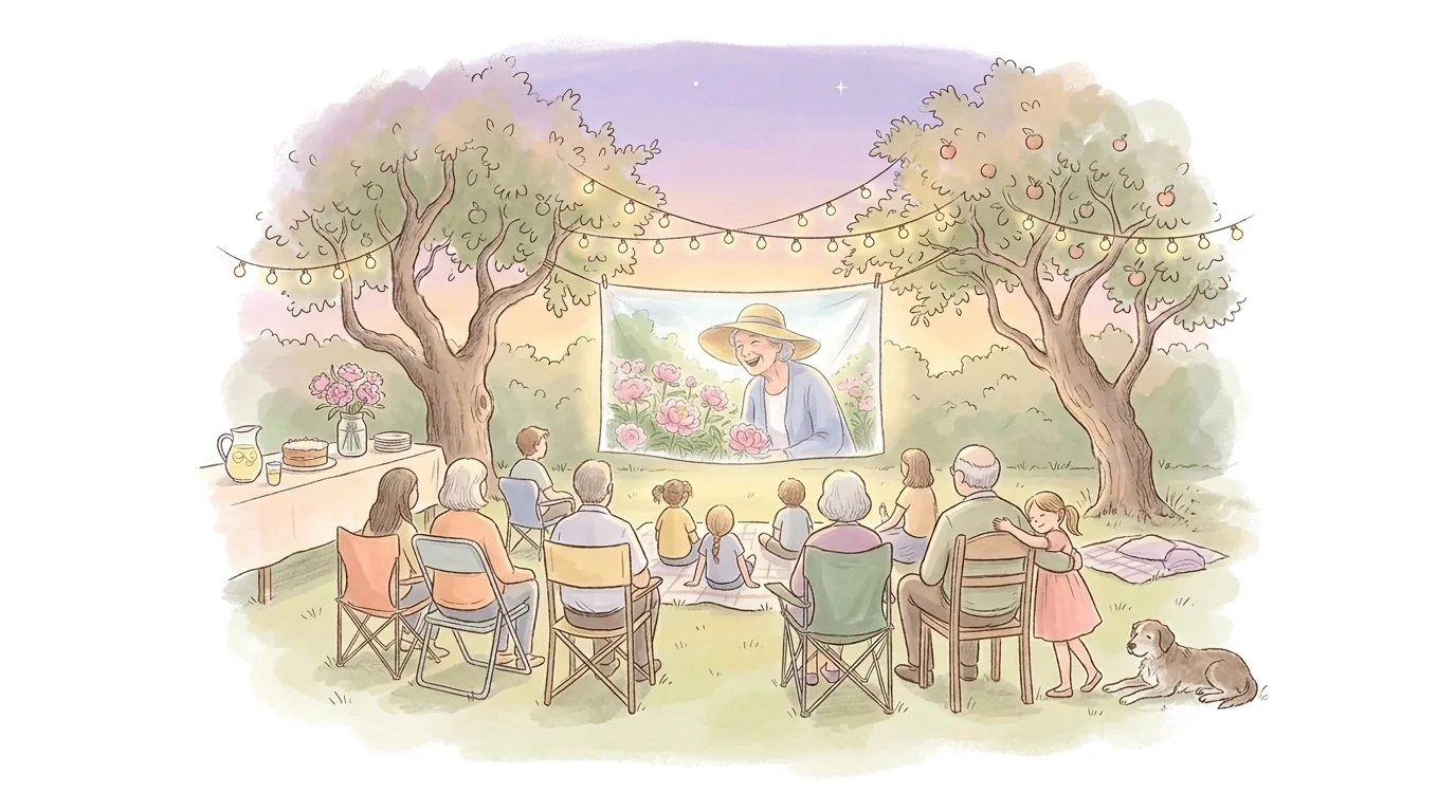 Family and friends gathered under string lights at dusk, watching her film on a sheet between two apple trees.