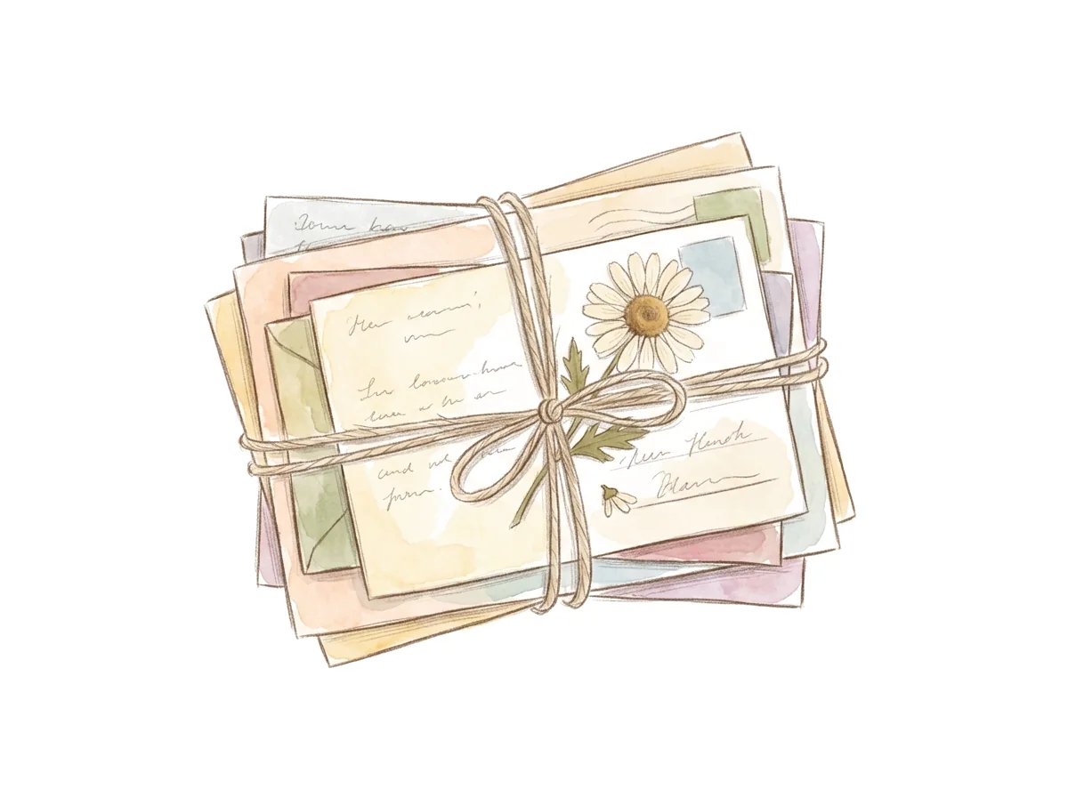 A bundle of letters and postcards tied with twine, a pressed daisy tucked under the string.