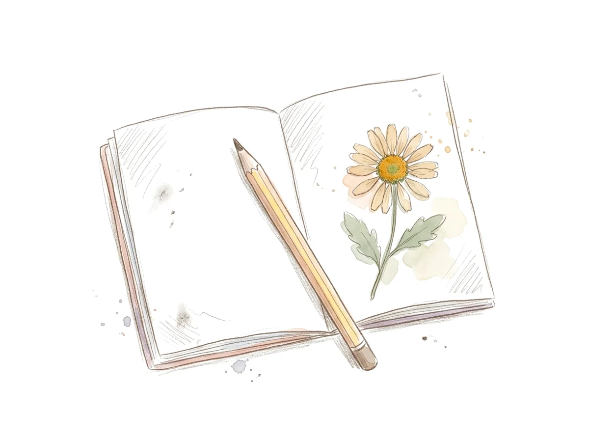 An open notebook with a pencil resting across it.