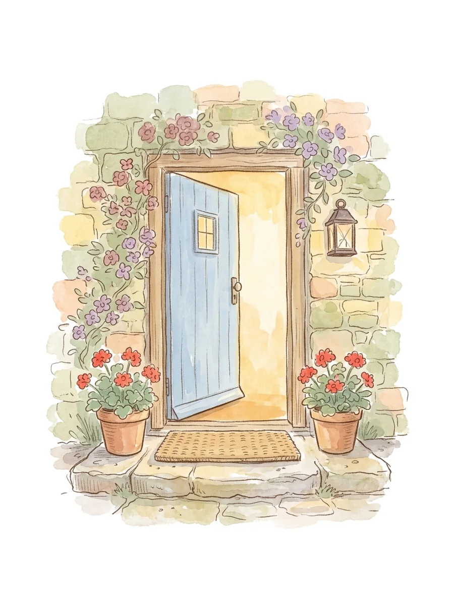 A blue cottage door standing open, with warm light spilling onto the step.