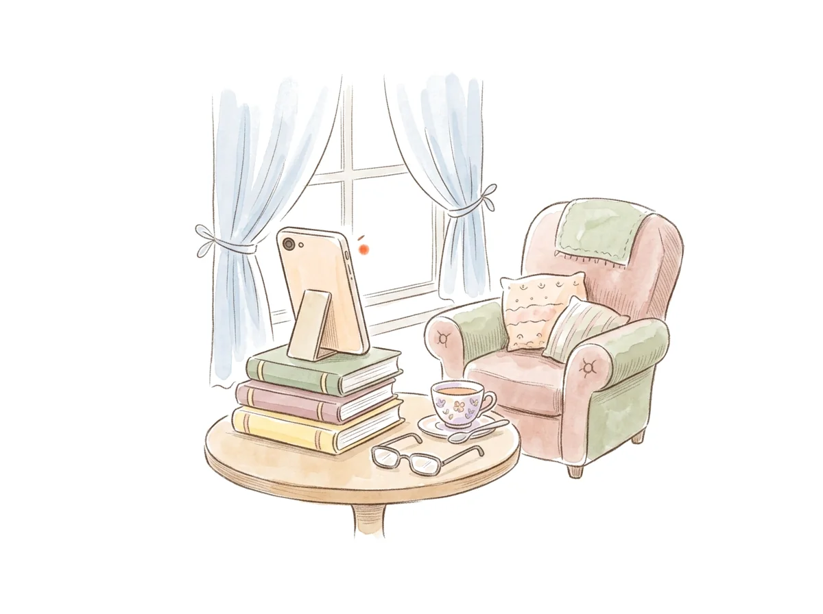 A phone propped on a stack of books, recording, beside an armchair by the window.