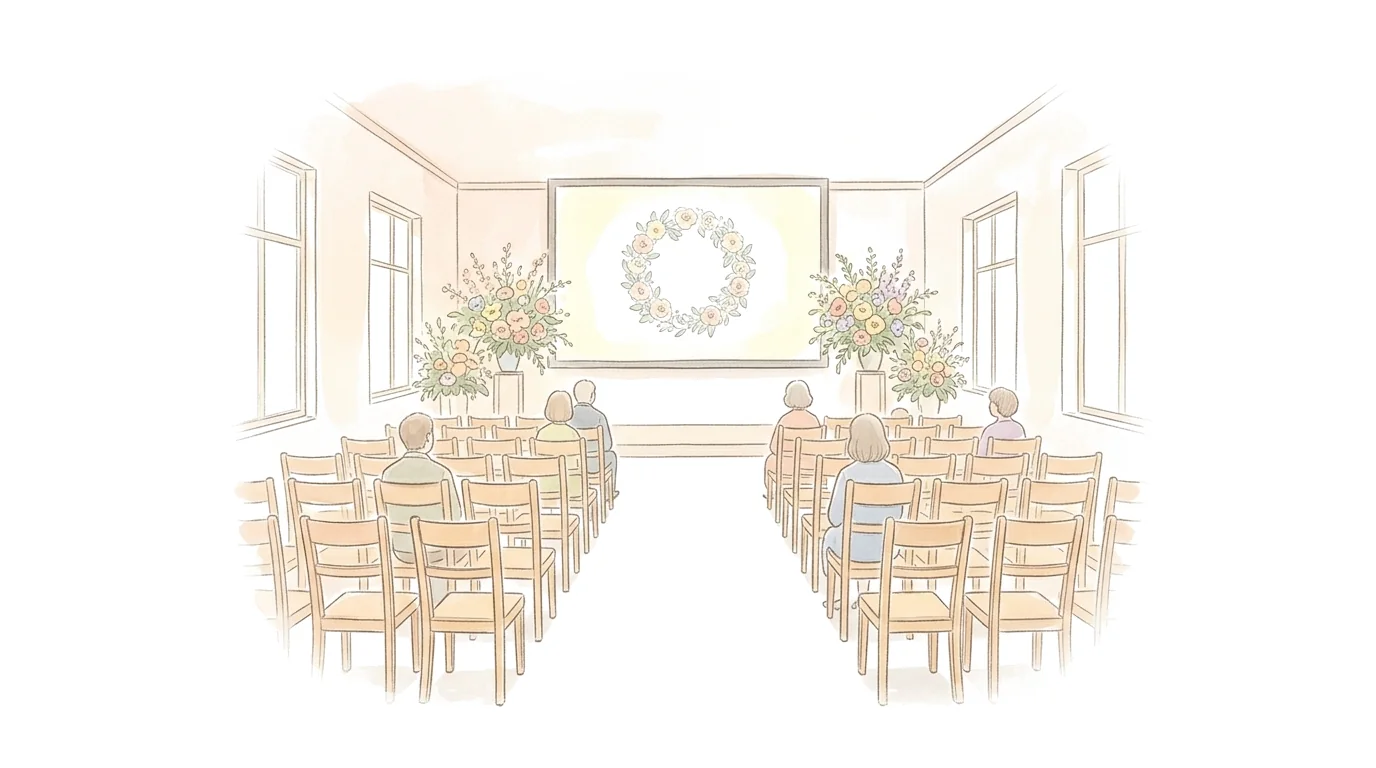 A bright hall with rows of chairs and flowers, a wreath shown on the screen at the front.