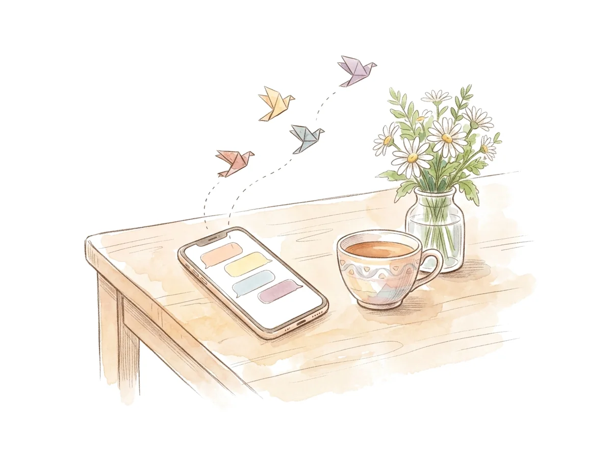 A phone on a kitchen table beside a cup of tea, with paper birds flying away from it.