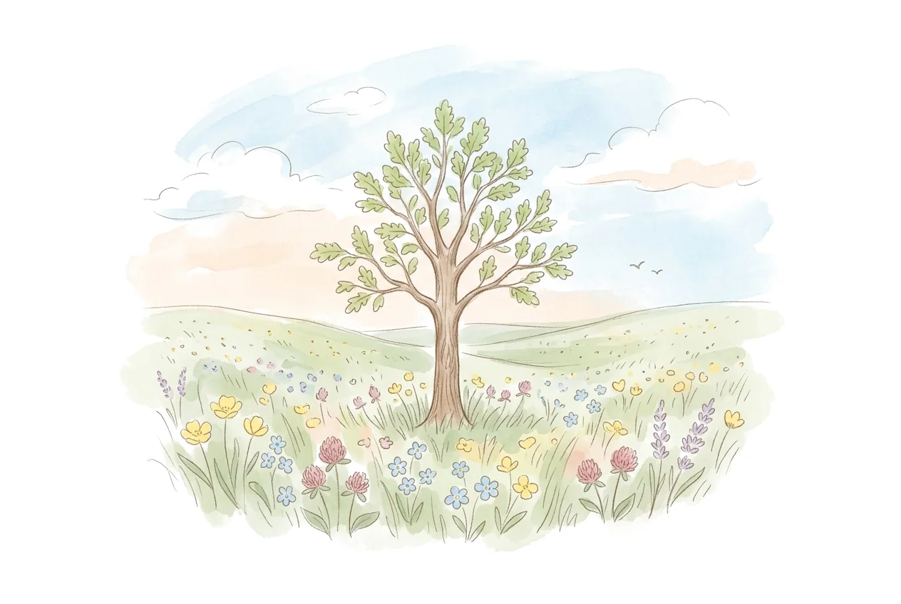A young tree in a meadow of wildflowers.