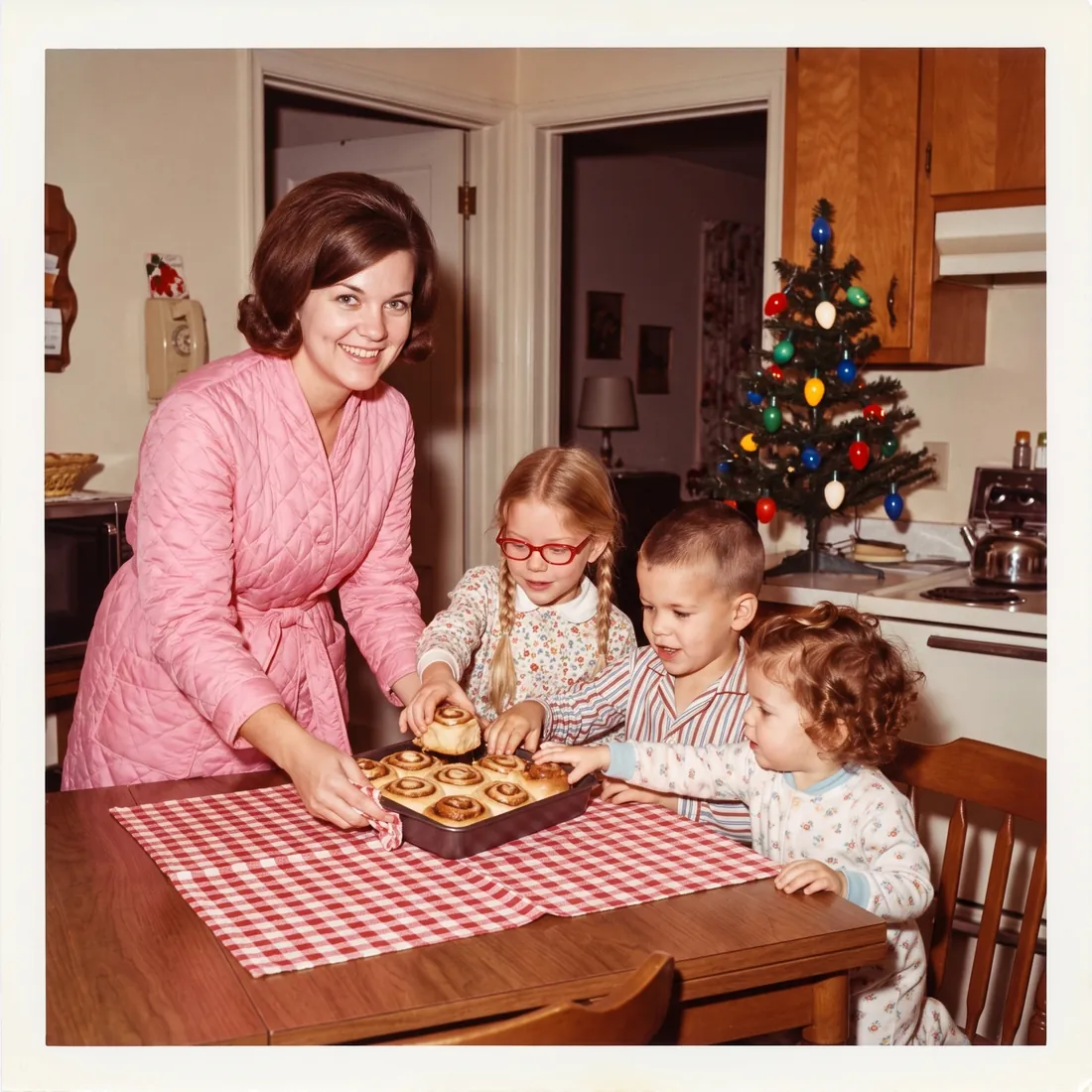 Christmas morning 1974: Peggy brings out the cinnamon rolls for Susan, Tom and Katie.