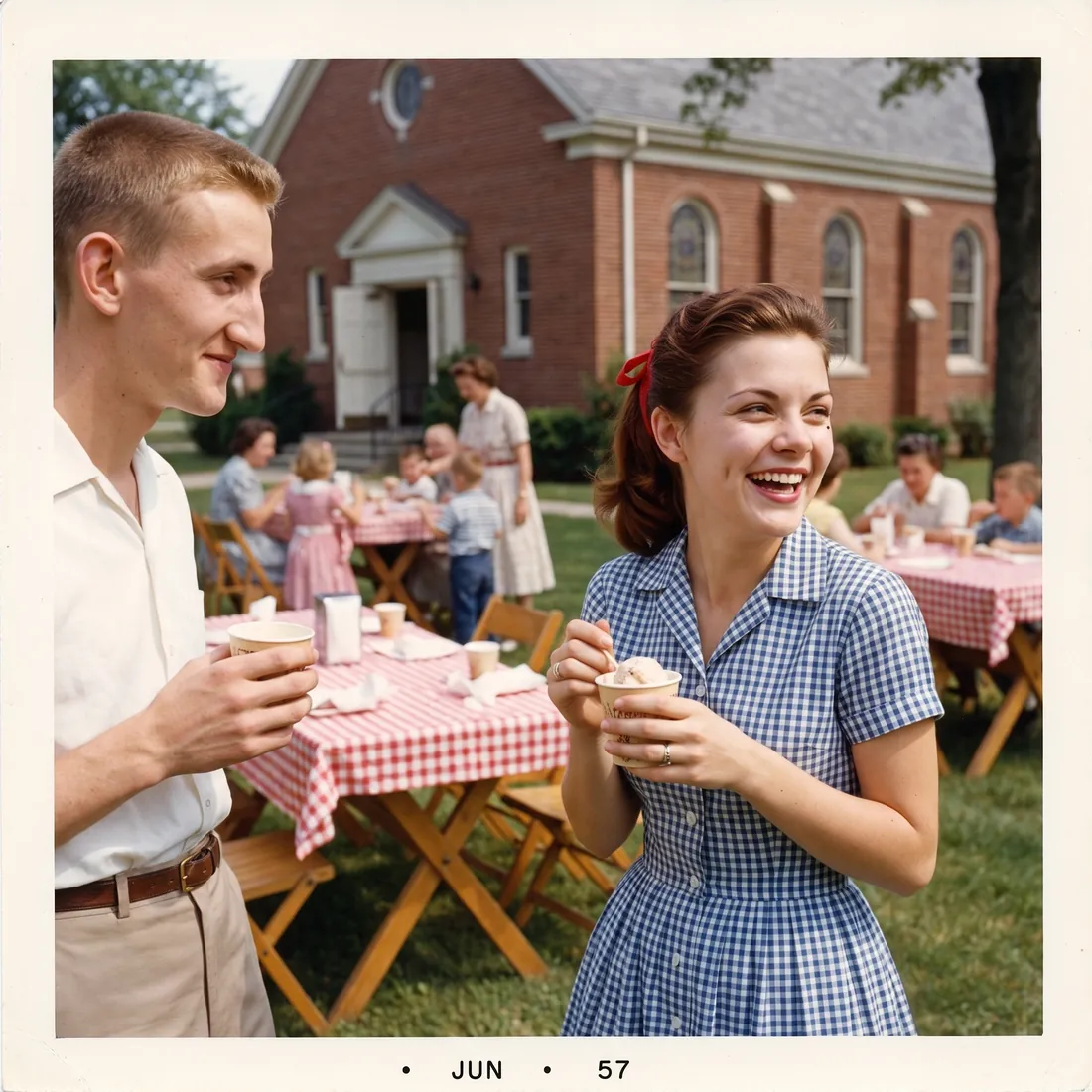 The ice cream social in June 1957 where Peggy, sixteen, with a red ribbon in her hair, met Walt.