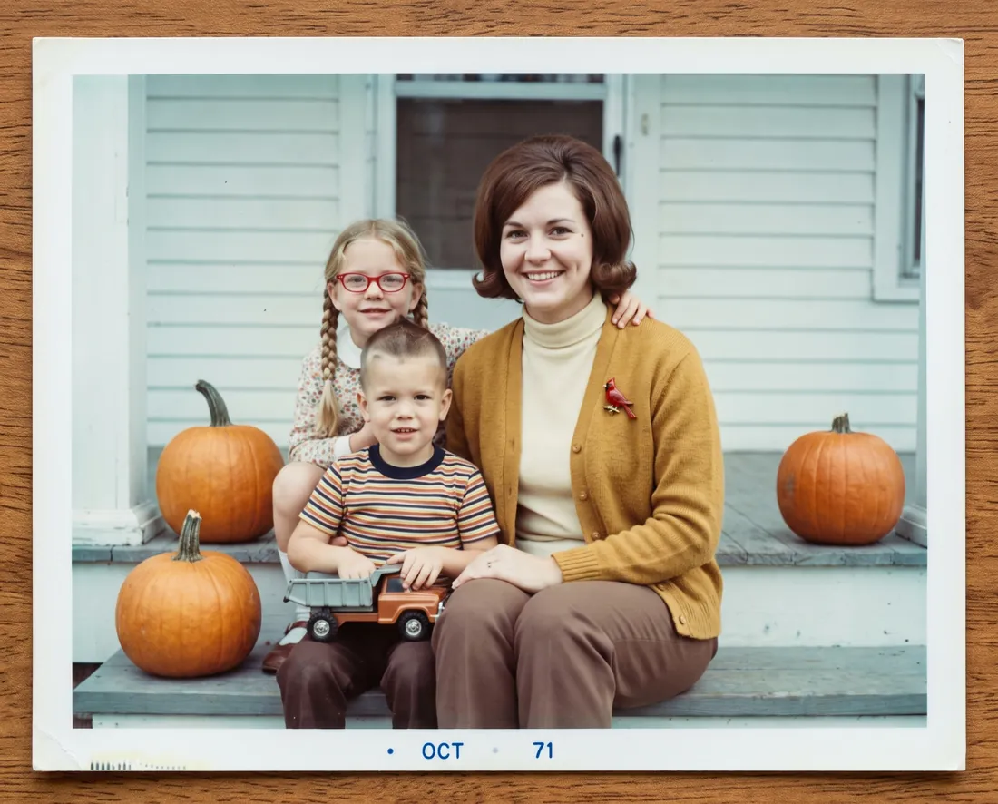 Peggy with Susan, six, and Tom on his third birthday, on the front porch at 214 Elm Street, October 1971.