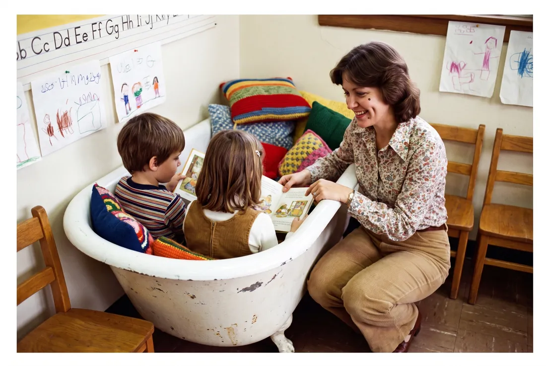 The claw-foot bathtub full of pillows that was the reading corner in Room 4, 1979.