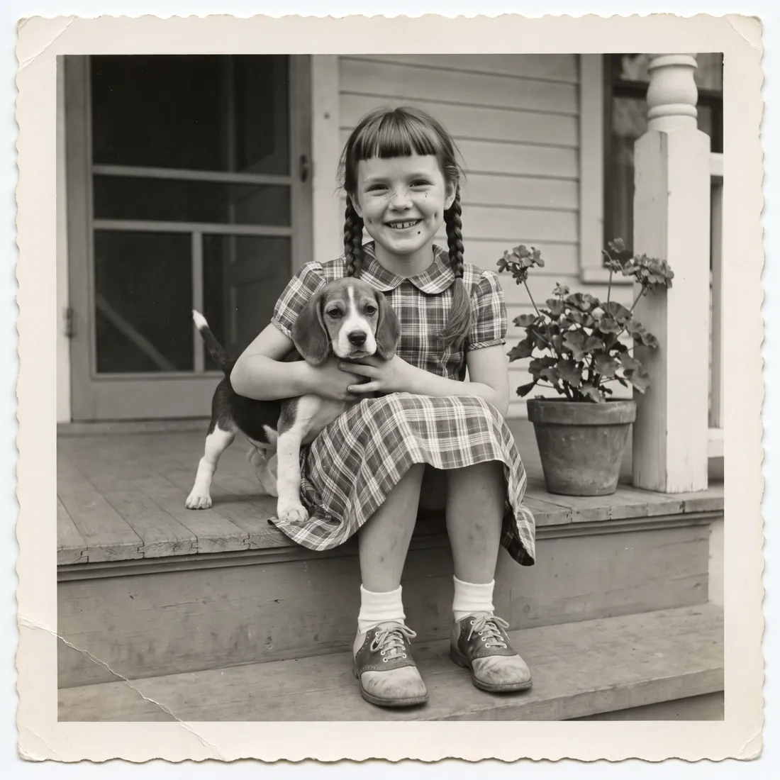 Peggy at eight with her beagle puppy, Skipper, on her parents’ front steps in Linden Falls, 1949.