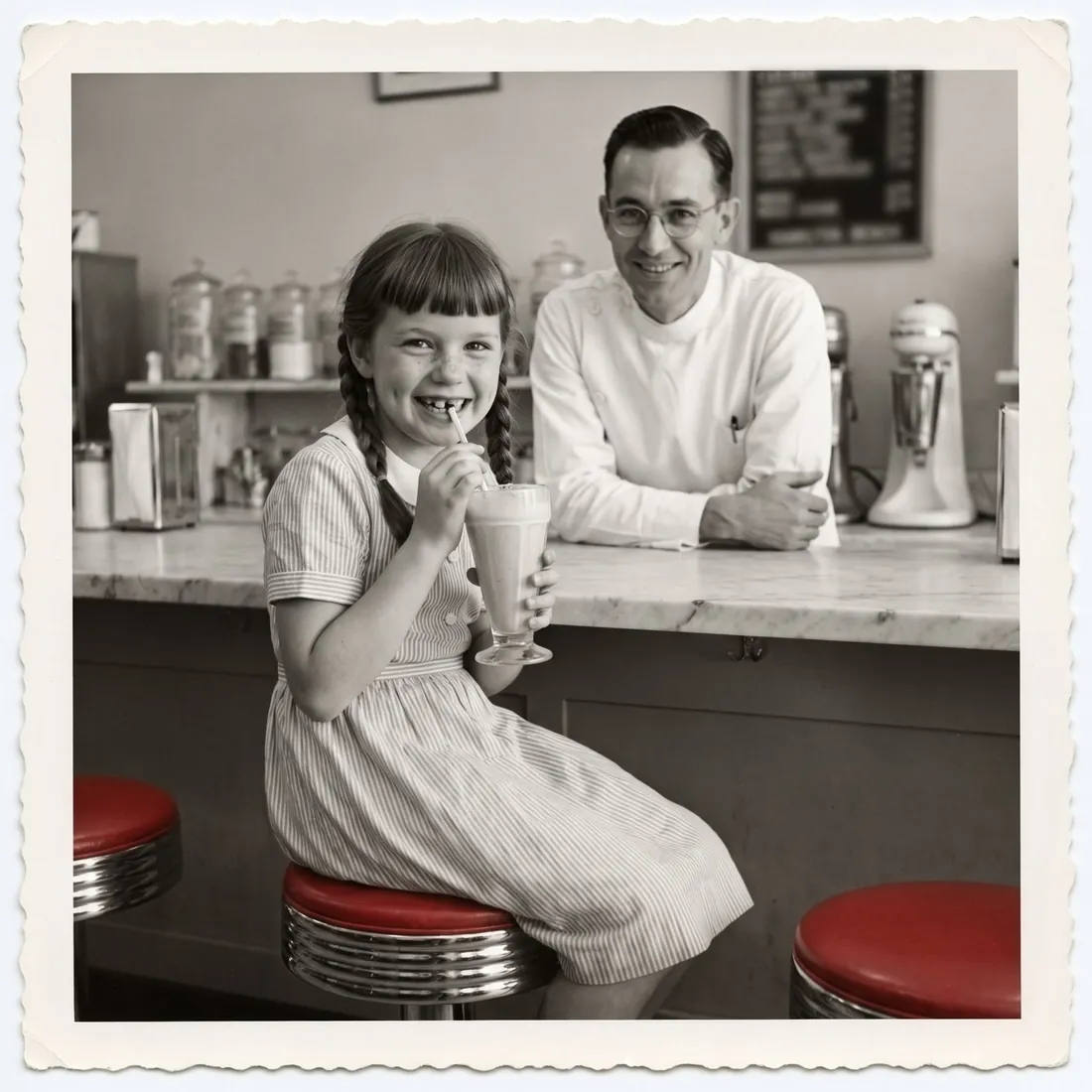 Peggy at ten at the soda fountain of her father’s drugstore on Main Street, 1951.